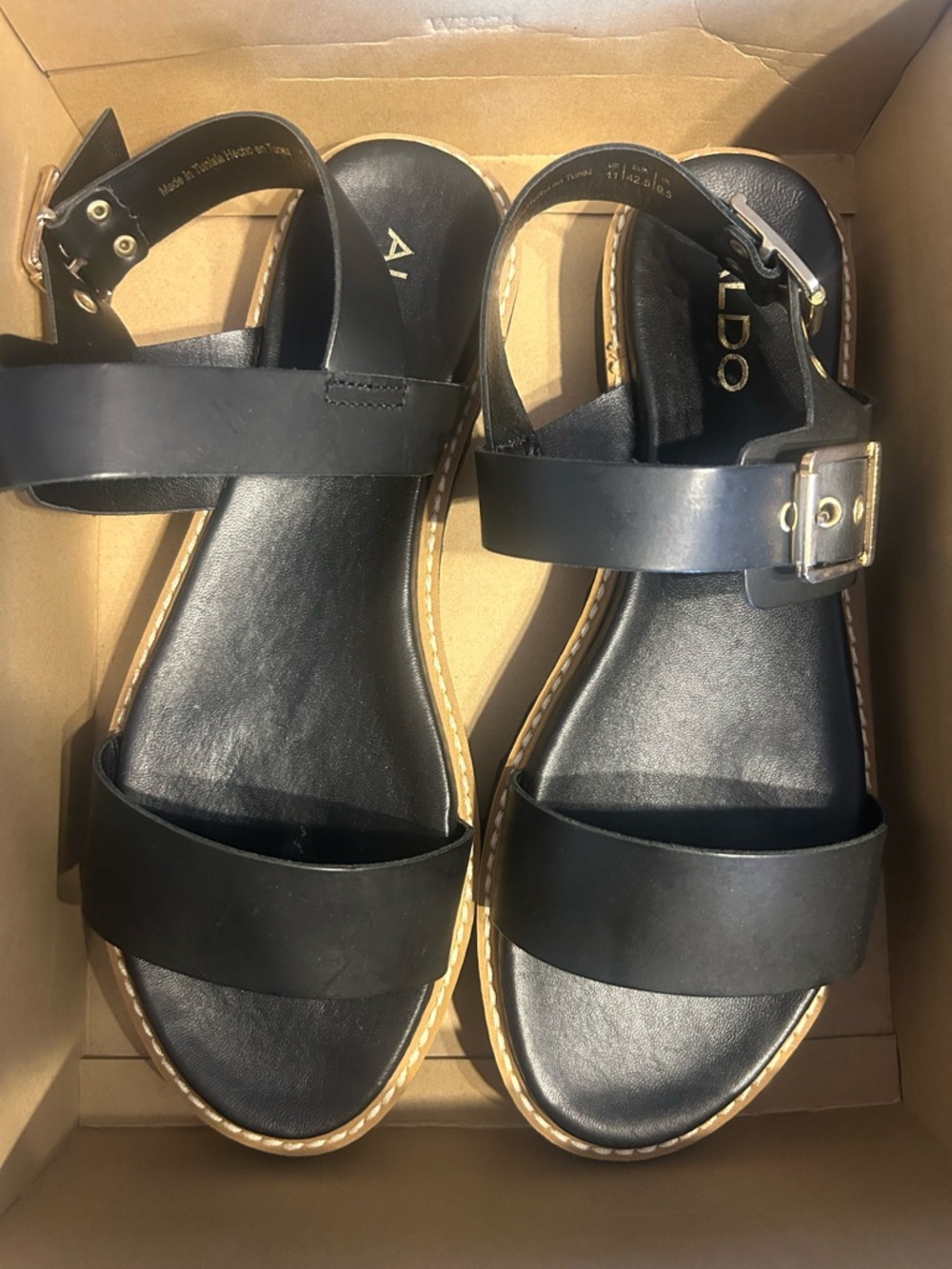 Aldo Black Leather Ankle-Strap Sandals